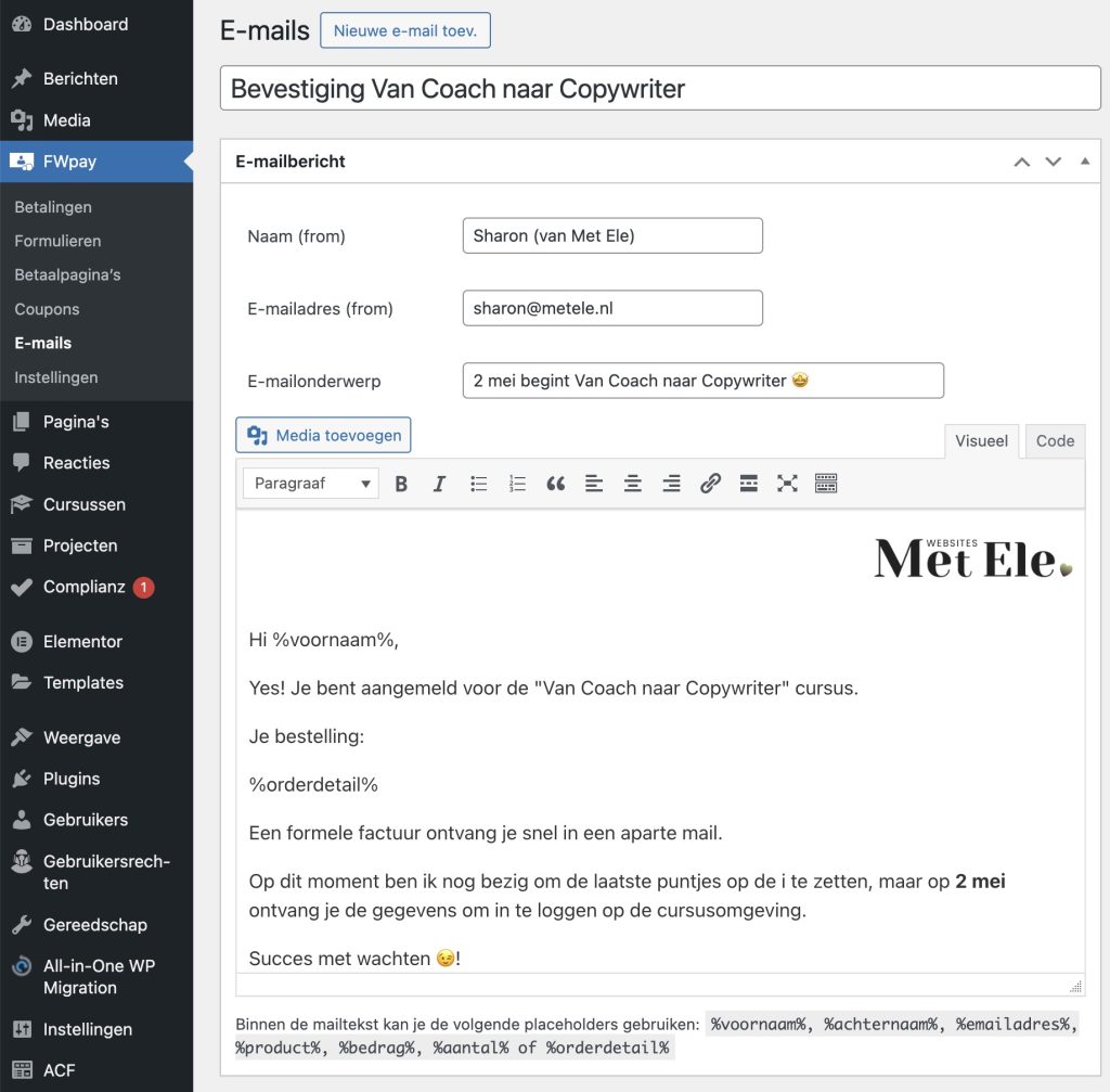 E-mailbevestiging versturen
